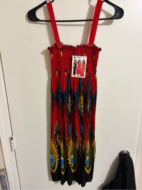 Red Smocked Maxi Dress with Bold Multi-Color Print